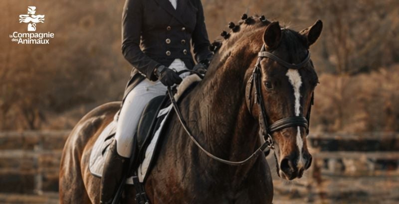 Cavalier en dressage sur cheval brun - soutien sportif.