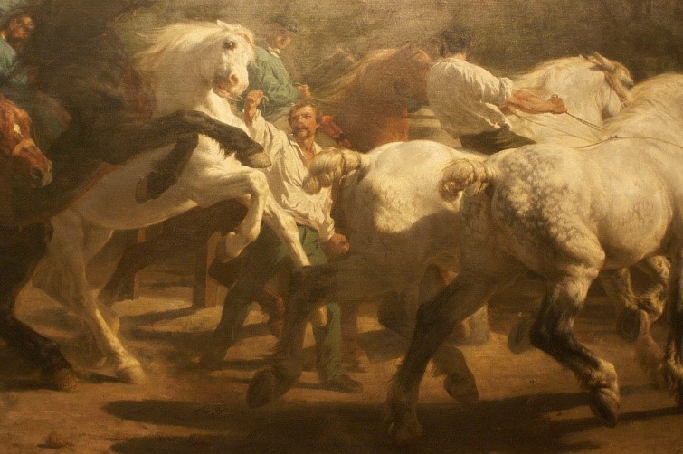 Fragment d’un magnifique tableau de la peintre Rosa Bonheur, « La foire aux chevaux », 1853 Observez le détail de l’anatomie des percherons représentés ici dans toute leur splendeur