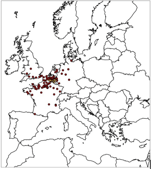 Répartition des cas géolocalisés survenus au cours de l’automne 2013 (en rouge)  et des 12 cas survenus entre l’automne 2004 et l’automne 2011 inclus dans l’étude (en jaune), Source : AMAG (Atypical Myopathy Alert Group)