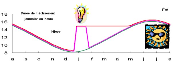 La cyclicité est reprise de la même manière pour une durée d'éclairement de 35 j (courbe violette) que pour une durée d'éclairement allongée jusqu'aux beaux jours (courbe rouge). C Ifce